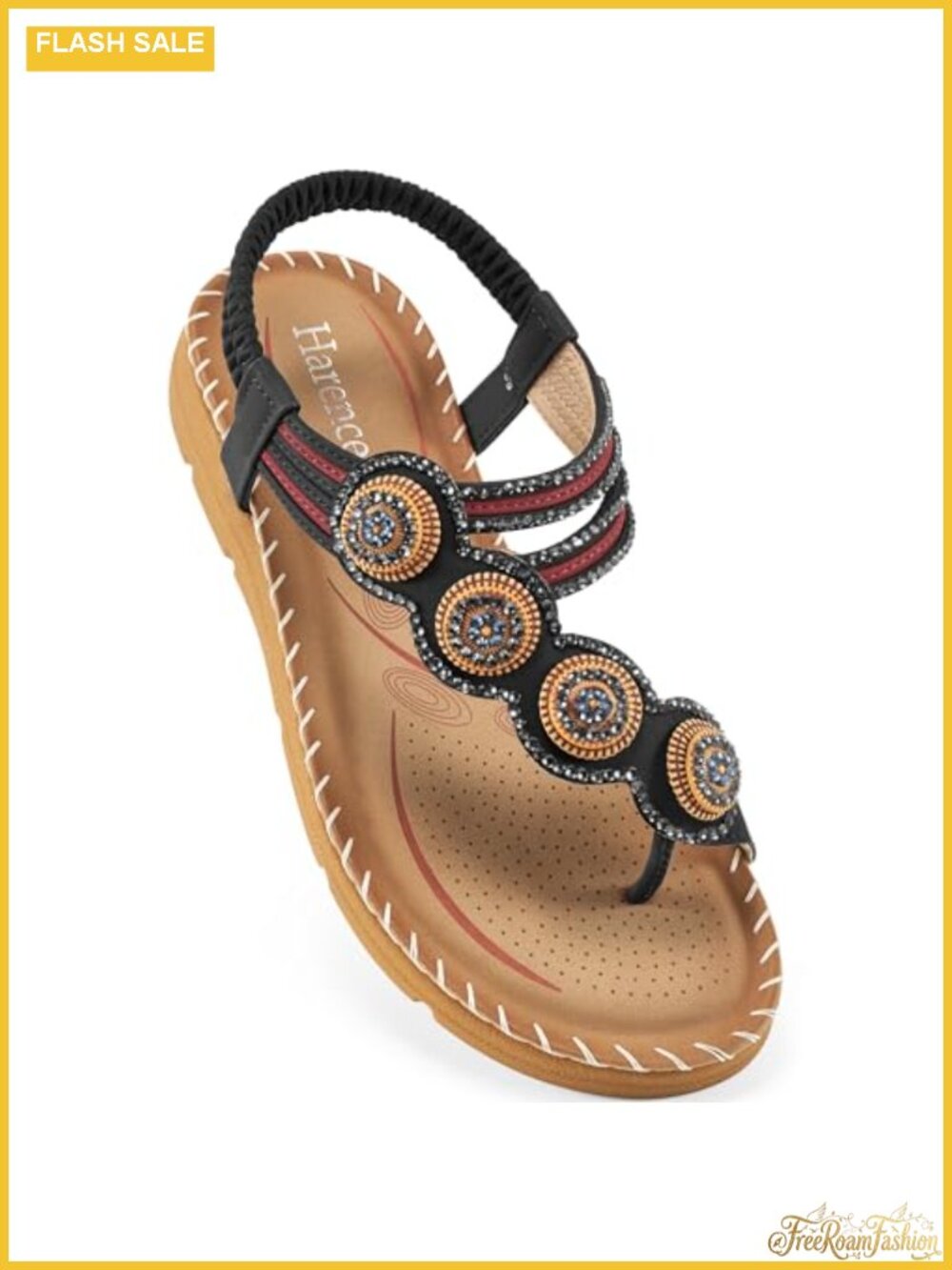 Memory Foam Flat Sandals Faux Leather Beaded Toe Ring Ankle Strap